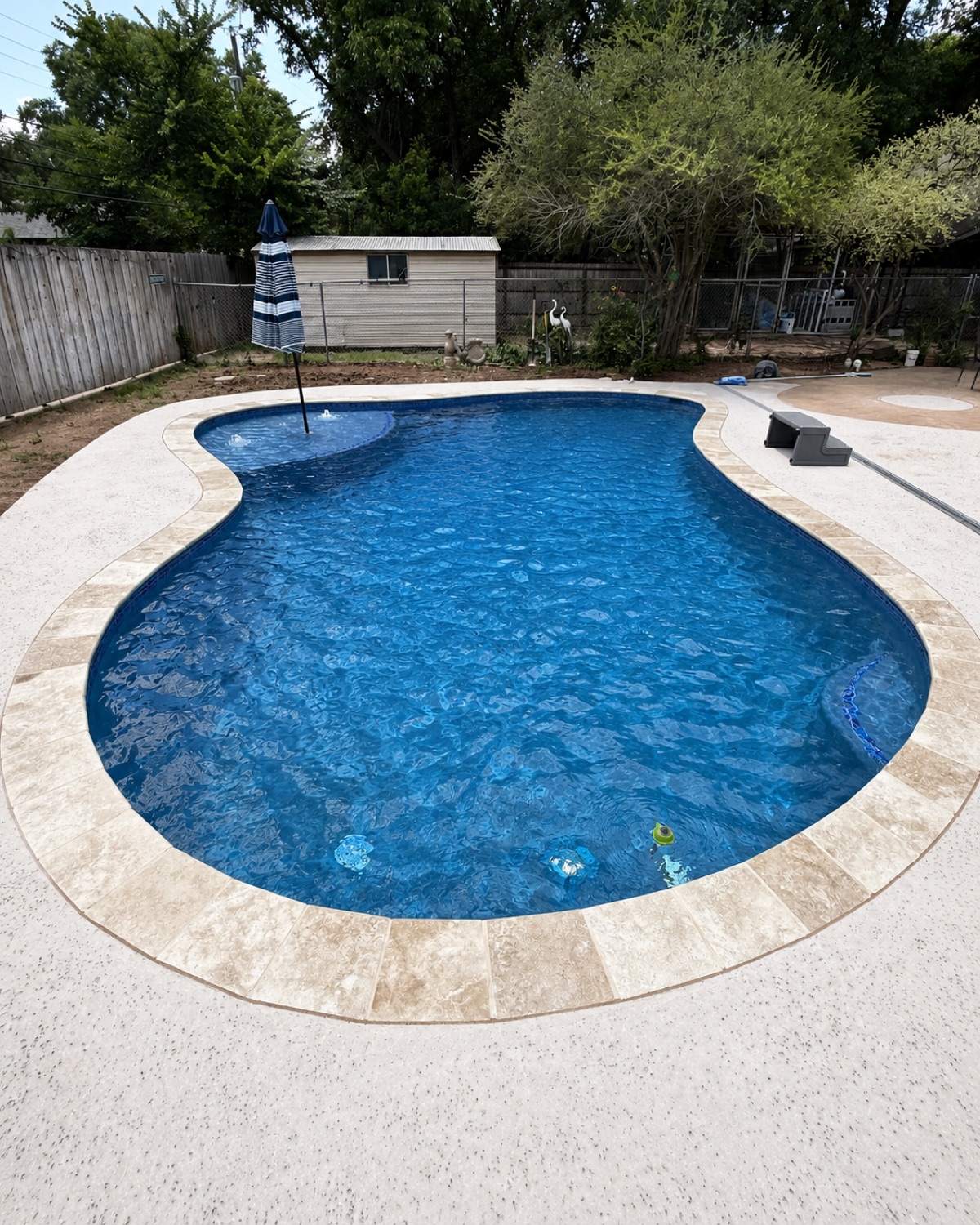 Finished freeform pool with travertine coping